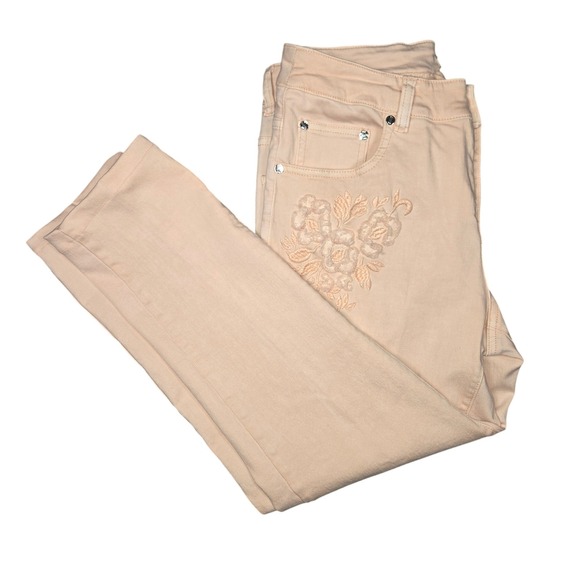 Eric Peach Floral Embroidered Denim Jeans Women Size 10 Pink Pastel Crop Stretch - Picture 5 of 8
